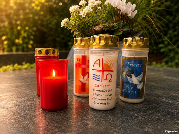 Grabkerzen und Trauerlichter mit christlichen MotivenOsterkerzen / Eikerzen