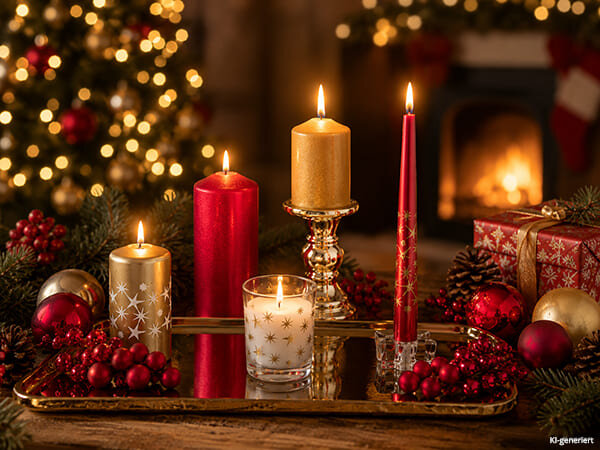 Festliche Weihnachtskerzen mit goldener und roter Dekoration