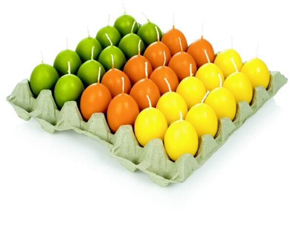 30 Eikerzen Sortierung je 10 Stück Ostereikerzen in Gelb, Aprikose und Grün
